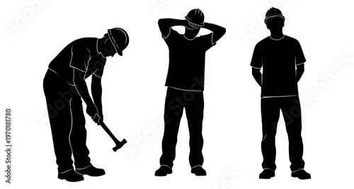 Construction Worker Silhouettes Posing with Hammer and Relaxing on White Background