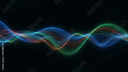 A vibrant, flowing abstract art piece featuring waves of light against a dark background, in blue, green, and orange