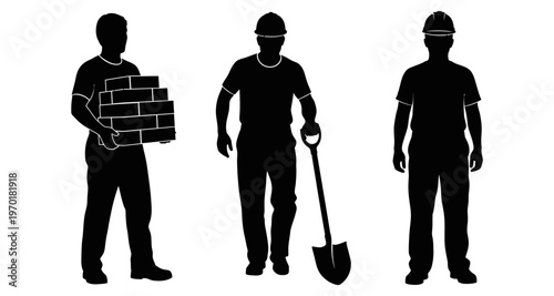 Construction Workers Silhouettes Carrying Bricks and Shovel on White Background