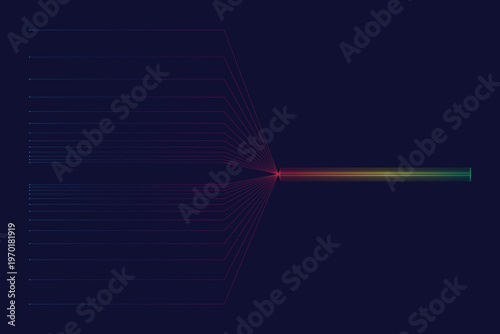 Abstract colorful equalizer lines coming together to form a solid colored line in the middle of a dark blue background