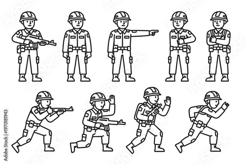Soldiers in various combat poses with guns and helmets standing or running