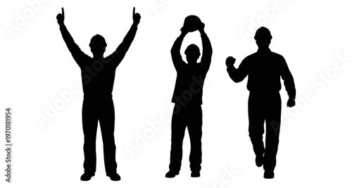 Construction Workers Silhouettes Celebrating Success Against White Background