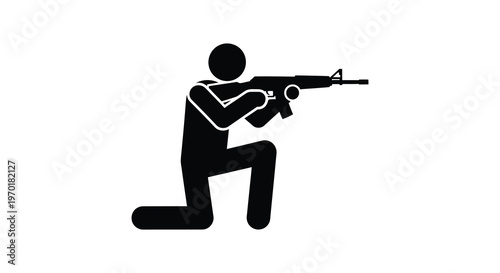 A stark black silhouette depicts a person kneeling while aiming a rifle conveying a sense of conflict silhouette