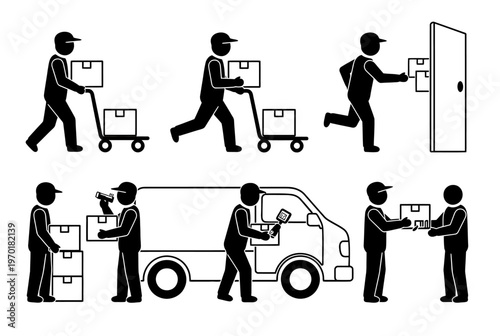 Workers loading and unloading boxes from a delivery van at a house