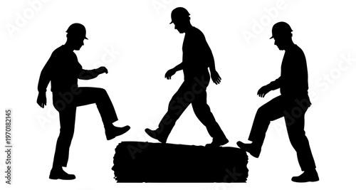 Construction Workers Silhouettes Stepping Over Obstacle in Teamwork Concept Minimalist Graphic