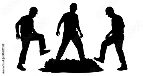 Construction Workers Silhouettes Stomping on Dirt Pile Teamwork and Labor Concept Minimalist Black and White Style