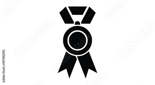 A striking black icon depicts a circular award with ribbons symbolizing achievement and recognition silhouette high quality professional