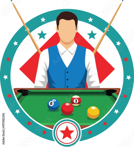 Professional billiard player emblem with pool table and balls in a circular frame.