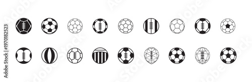 Collection of various black and white sports balls icons for game design and illustration