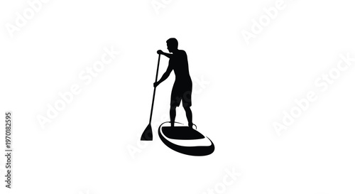 A lone figure is captured paddleboarding on calm waters creating a striking black silhouette high quality professional detailed