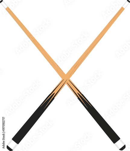 Two crossed wooden billiard pool cues with black handles isolated on a white background