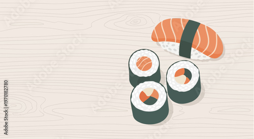 Salmon Nigiri and Maki Sushi Rolls Illustration on Light Wood Background with Copy Space