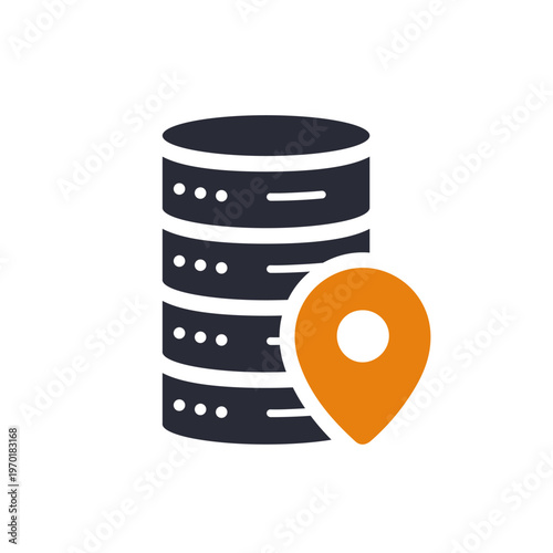 Database stack with location marker, flat icon featuring cylindrical database tower and orange map pin, symbolizes data