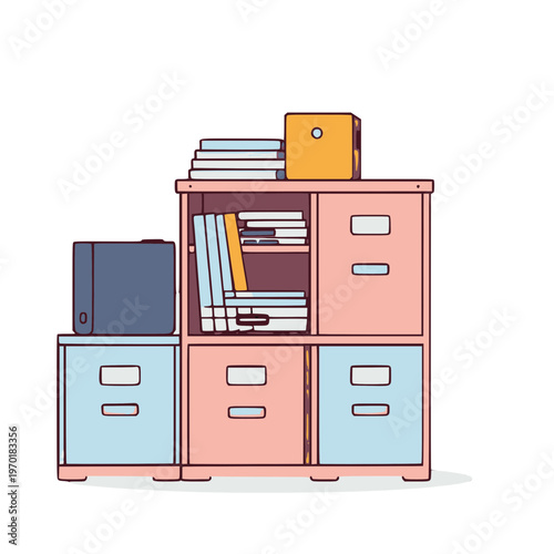 A colorful vector illustration of a bookshelf with binders and books