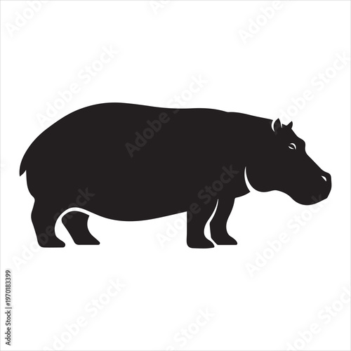 A silhouette of a hippopotamus standing on all fours facing to the right isolated on white background, Vector