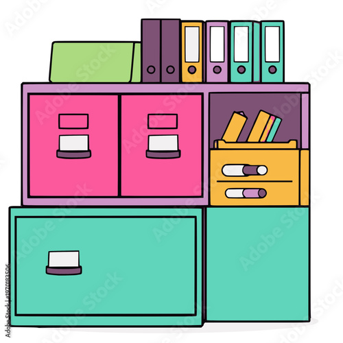 A colorful vector illustration of a filing cabinet with binders and folders