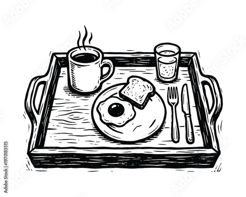 Breakfast tray with fried egg toast coffee cup and glass of water cutlery
