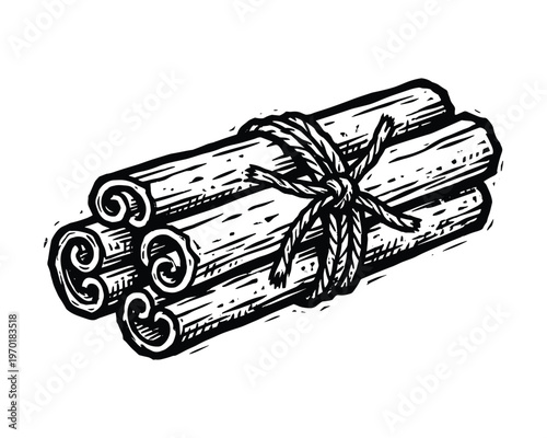 Bundle of cinnamon sticks tied with rope textured illustration on transparent background