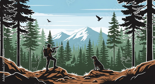 Mountain Forest Landscape with Snow Peaks Nature Scenic Illustration