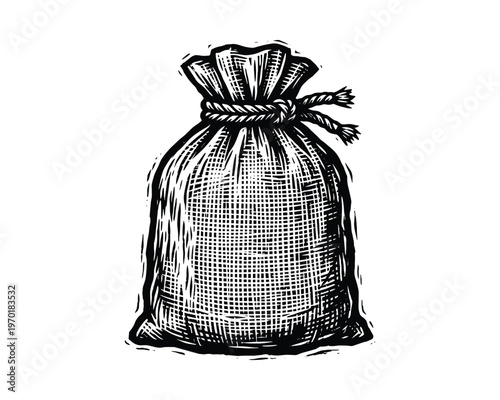 Burlap sack or money bag hand drawn sketch illustration, tied closed with rope for storage