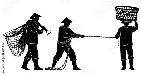 Fishermen in conical hats pull net with catch traditional silhouette rural livelihood isolated white background