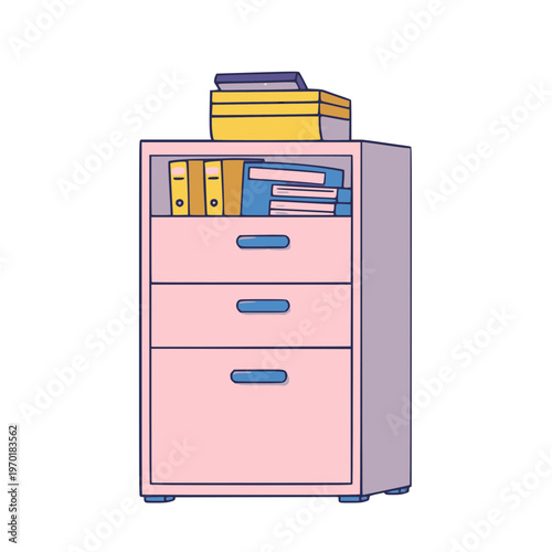 A colorful vector illustration of a pink filing cabinet with binders and folders