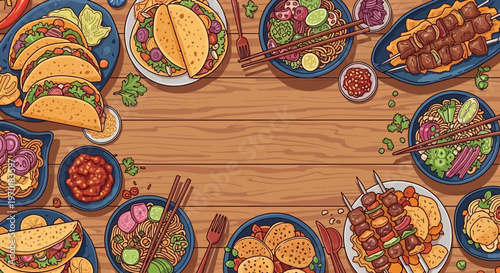 Flat Vector Illustration of Delicious Food Feast on Wooden Table, Fusion Cuisine Concept with Tacos, Noodles, and Meat Skewers.