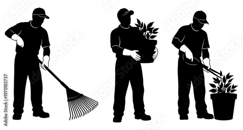 Gardener Silhouette Performing Yard Work Tasks Raking Carrying Pot Pruning Plants Vector Art