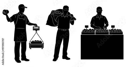 Greengrocer Weighing Produce Carrying Sack Arranging Fruit at Stall Silhouette Detail