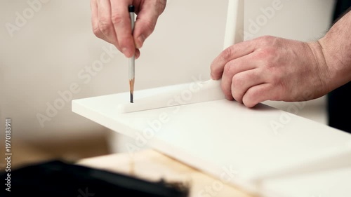  Man marking wall with pencil for shelf installation, DIY home improvement project, 4K 10 bit footage.