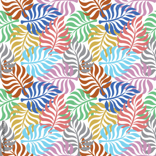 Decorative tropical foliage pattern featuring mixed leaf shapes in vibrant colors, suitable for wallpaper and fabric design.
