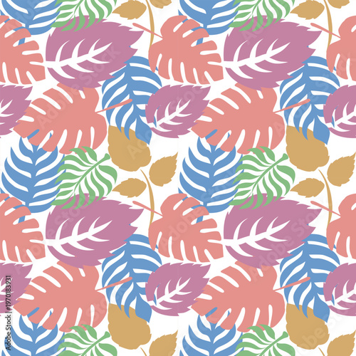 Modern tropical foliage pattern with stylized leaves in pastel tones, perfect for fabric, wallpaper, and summer-themed designs.