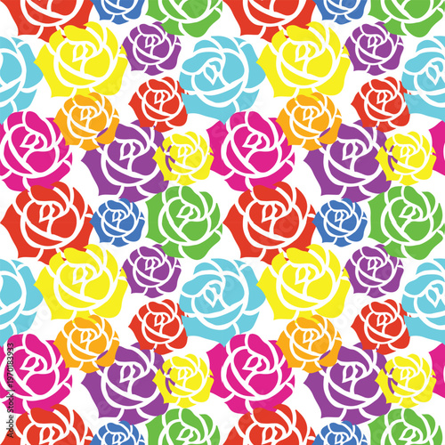 Playful rose pattern with bold colorful flowers, perfect for fashion textiles, wrapping paper, and creative backgrounds.