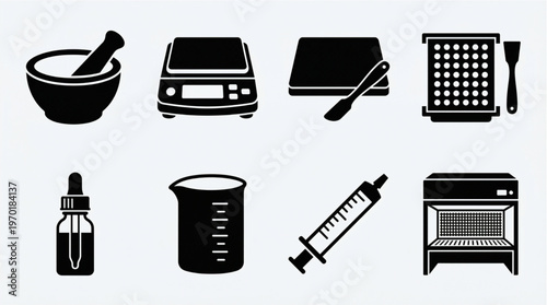 Comprehensive set of essential laboratory and pharmacy equipment vector icons, perfect for representing scientific research, medical practices, and pharmaceutical compounding applications