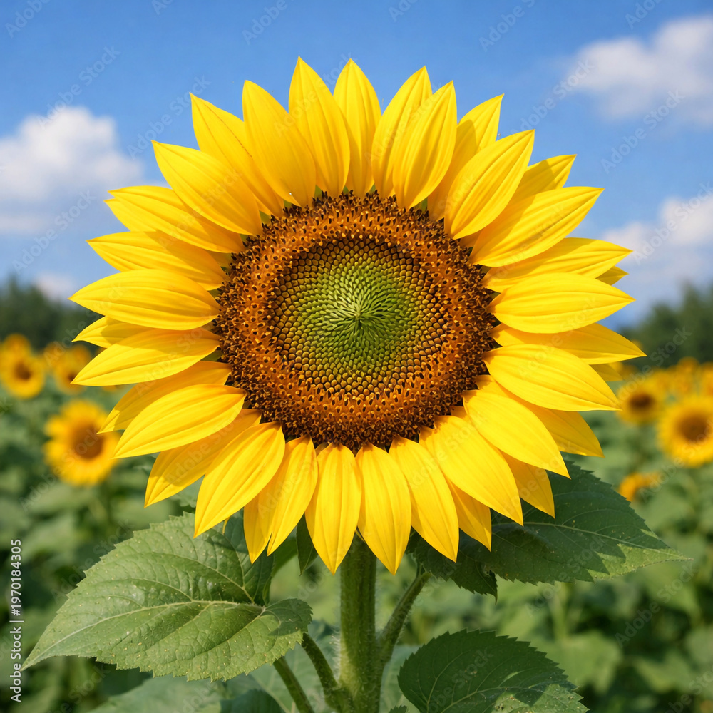 Fototapeta premium bright sunflower close up in blooming field under blue sky capturing natural beauty summer agriculture growth and vibrant floral detail ideal for farming nature wellness and eco lifestyle themes