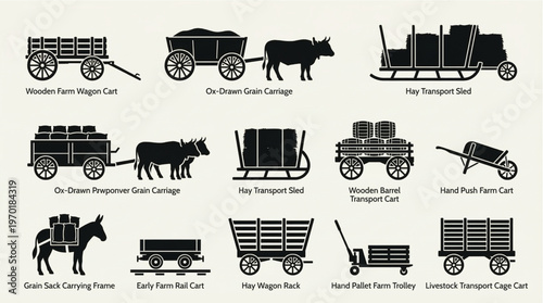 A curated collection of vintage farm transport and agricultural equipment icons, showcasing traditional wagons, carts, and sleds for historical rural use