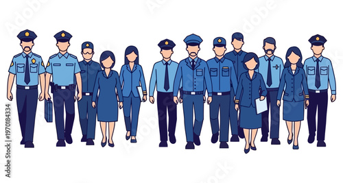 Law Enforcement Officers and Civilians Walking Together in Unified Formation Professional Flat Design