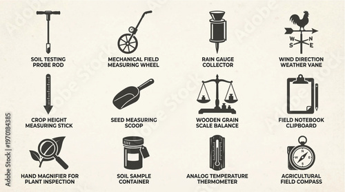 Diverse range of essential agricultural tools and scientific instruments for efficient farming, crop monitoring, and precise field research in modern agriculture