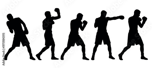 Black silhouette sequence of boxer performing jab punch progression showing stance motion extension and follow through in athletic training