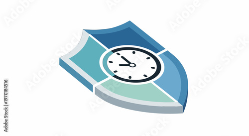 Isometric Shield with Clock Face Icon - Time Protection, Security, and Management Concept
