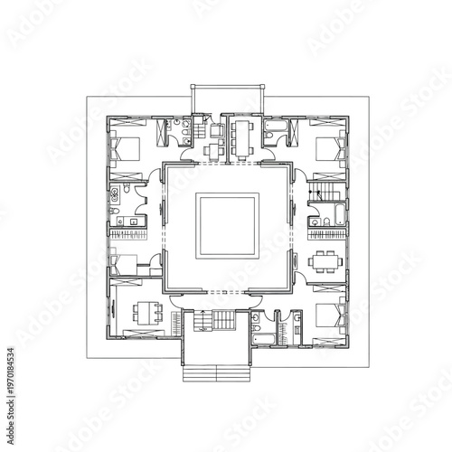 Detailed architectural floor plan of large residential building with courtyard.