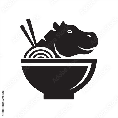 Black silhouette hippo head in ramen bowl with chopsticks and noodles