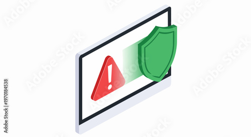 Isometric Cybersecurity Illustration of a Green Shield Protecting a Computer Monitor from Malware Warning