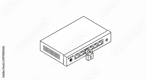 Isometric Network Switch with Security Padlock Line Art Illustration