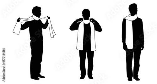 Man Demonstrating Scarf Tying Techniques Silhouette Style Isolated on White Background