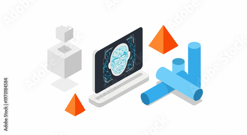 Isometric 3D Facial Recognition and AI Biometric Identity Verification System Illustration with Abstract Geometric Shapes