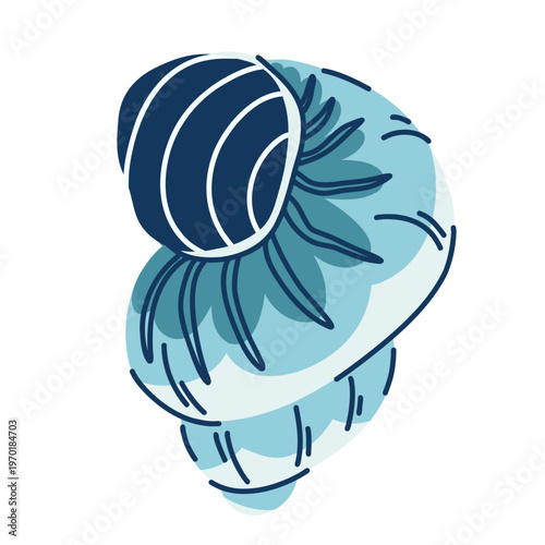 Turbinidae family shell doodle style in blue colors, smooth twisted gastropod shell