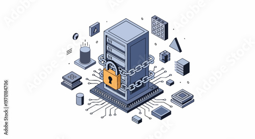 Isometric Cybersecurity Concept: Locked Server with Chains and Padlock for Data Protection and Network Security