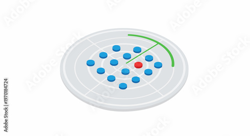 Isometric Digital Radar Screen Scanning Multiple Targets with One Red Highlighted Point