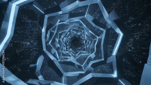 A geometric tunnel with bright lines. The shapes are in a perspective composition, with depth. Abstract design